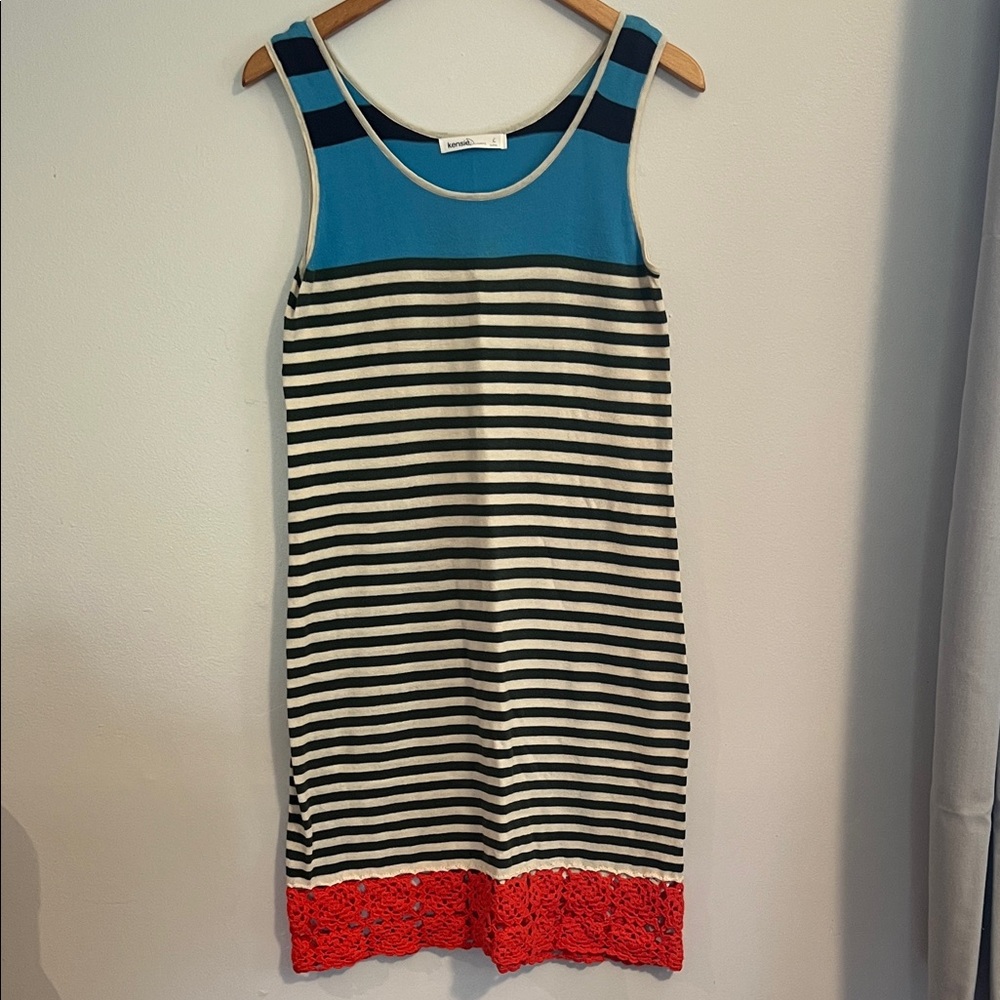 Kensie light knit Striped Tank Dress with Coral Crochet Hem Multi colour, L